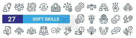set of 27 outline web soft skills icons such as creative, conflict resolution, management, integrity, solution, flexibility, punctuality, wait vector thin line icons for web design, mobile app.