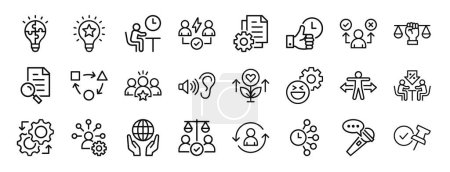 set of 24 outline web soft skills icons such as solution, innovation, wait, conflict resolution, management, punctuality, decision vector icons for report, presentation, diagram, web design, mobile