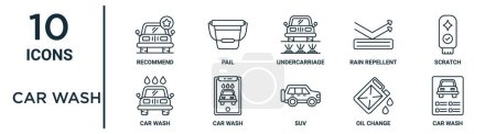 Illustration for Car wash outline icon set such as thin line recommend, undercarriage, scratch, car wash, oil change, car wash, icons for report, presentation, diagram, web design - Royalty Free Image