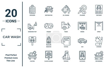 car wash linear icon set. includes thin line packages, emissions test, , coating, recommend, trunk, interior icons for report, presentation, diagram, web design