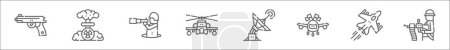 esquema conjunto de iconos de línea de las fuerzas armadas. vector lineal iconos tales como arma corta, arma nuclear, reconocimiento, helicóptero apache, radio, bandera del avión, aviones de combate, arma hine