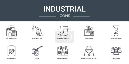 set of 10 outline web industrial icons such as oil refinery, fuel nozzle, rubber boots, industry, robotic arm, biohazard, oiler vector icons for report, presentation, diagram, web design, mobile app