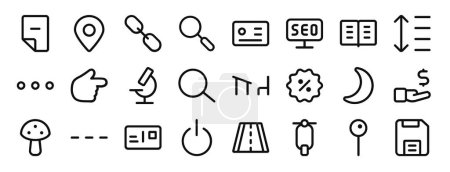 Satz von 24 umrissenen Web ui wesentlichen Farb-Symbole wie Datei, Standort, Link, Suche, Lizenz, seo, Bibliothek Vektor-Symbole für Bericht, Präsentation, Diagramm, Webdesign, mobile App