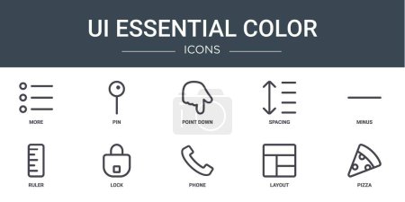 set of 10 outline web ui essential color icons such as more, pin, point down, spacing, minus, ruler, lock vector icons for report, presentation, diagram, web design, mobile app