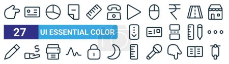 set of 27 outline web ui essential color icons such as right, licence, chart, mouse, postcard, revenue, ruler, scooter vector thin line icons for web design, mobile app.