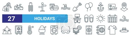 set of 27 outline web holidays icons such as hotel service, bicycle, suitcase, balloons, slippers, safety box, basketball, cowboy hat vector thin line icons for web design, mobile app.