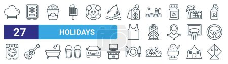 set of 27 outline web holidays icons such as chef hat, safety box, popcorn, swimming pool, yacht, guitar, cutlery, kite vector thin line icons for web design, mobile app.