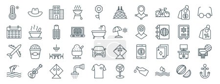set of 40 outline web holidays icons such as cowboy hat, calendar, aeroplane, fish, safety box, glasses, birthday cake icons for report, presentation, diagram, web design, mobile app