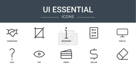 set of 10 outline web ui essential icons such as handshake, , informant, display, help, eye vector icons for report, presentation, diagram, web design, mobile