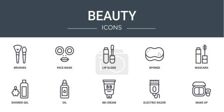 set of 10 outline web beauty icons such as brushes, face mask, lip gloss, sponge, mascara, shower gel, oil vector icons for report, presentation, diagram, web design, mobile app