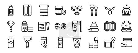 Set von 24 umrissenen Web-Beauty-Symbolen wie Öl, Wachs, Handtuch, Make-up, Gesichtsmaske, Pinsel, Halsketten-Vektor-Symbole für Bericht, Präsentation, Diagramm, Webdesign, mobile App