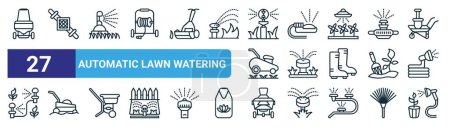 set of 27 outline web automatic lawn watering icons such as lawn mower, water spray, water spray, water spray, lawn mower, mower, vector thin line icons for web design, mobile app.