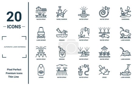 automatic lawn watering linear icon set. includes thin line water spray, lawn mower, water spray, apron, lawn mower, water spray, mower icons for report, presentation, diagram, web design