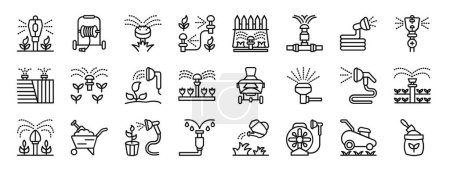 set of 24 outline web automatic lawn watering icons such as water spray, water pipe, water spray, spray, vector icons for report, presentation, diagram, web design, mobile app