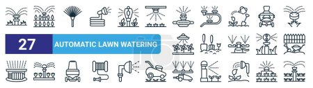 set of 27 outline web automatic lawn watering icons such as water spray, water spray, broom, water spray, spade, vector thin line icons for web design, mobile app.