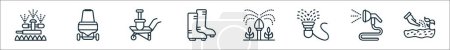 outline set of automatic lawn watering line icons. linear vector icons such as water spray, lawn mower, wheel barrow, boot, water spray, sprinkler, water spray, seeding