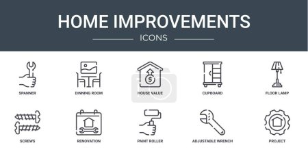 set of 10 outline web home improvements icons such as spanner, dinning room, house value, cupboard, floor lamp, screws, renovation vector icons for report, presentation, diagram, web design, mobile