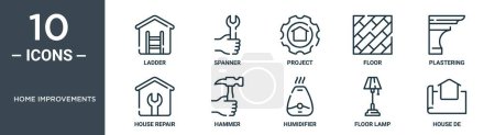 home improvements outline icon set includes thin line ladder, spanner, project, floor, plastering, house repair, hammer icons for report, presentation, diagram, web design