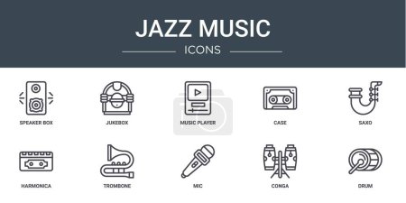 Satz von 10 umrissenen Web-Jazz-Musik-Ikonen wie Lautsprecherbox, Jukebox, Musikspieler, Koffer, Saxofon, Mundharmonika, Posaune Vektor-Icons für Bericht, Präsentation, Diagramm, Webdesign, mobile App