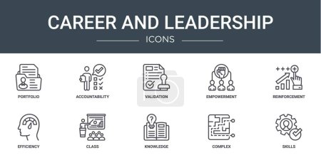 Téléchargez les illustrations : Ensemble de 10 icônes de carrière Web et de leadership telles que le portefeuille, la responsabilisation, la validation, l'autonomisation, le renforcement, l'efficacité, les icônes vectorielles de classe pour rapport, présentation, diagramme, web - en licence libre de droit