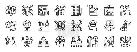 set of 24 outline web career and leadership icons such as skill development, opportunity, project management, accountability, candidates, portfolio, benefits vector icons for report, presentation,