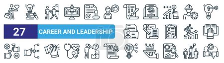 set of 27 outline web career and leadership icons such as job satisfaction, learning, leadership, authentication, budget, talent search, innovation, conflict vector thin line icons for web design,
