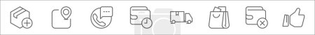 Ilustración de Esquema conjunto de iconos de línea de comercio electrónico. iconos de vectores lineales como añadir, ubicación, llamada telefónica, pendiente, entrega, bolsa de compras, cancelar, como - Imagen libre de derechos