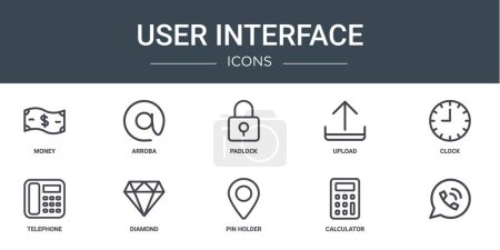 set of 10 outline web user interface icons such as money, arroba, padlock, upload, clock, telephone, diamond vector icons for report, presentation, diagram, web design, mobile app
