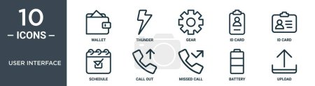 user interface outline icon set includes thin line wallet, thunder, gear, id card, id card, schedule, call out icons for report, presentation, diagram, web design