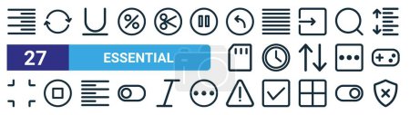 set of 27 outline web essential icons such as align right, sync, underline, justify, time, stop, warning, unsecure vector thin line icons for web design, mobile app.