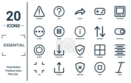 essential linear icon set. includes thin line warning, other, power, size, italic, information, center icons for report, presentation, diagram, web design