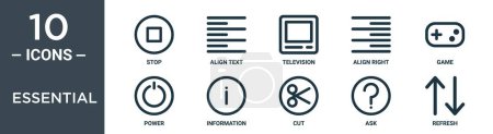 essential outline icon set includes thin line stop, align text, television, align right, game, power, information icons for report, presentation, diagram, web design