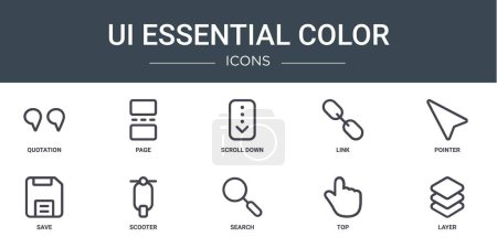 set of 10 outline web ui essential color icons such as quotation, page, scroll down, link, pointer, save, scooter vector icons for report, presentation, diagram, web design, mobile app