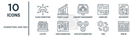 marketing y SEO esquema conjunto de iconos como la computación en la nube de línea delgada, gestión de contenidos, informe SEO, video marketing, ting, web de, iconos portátiles para el informe, presentación, diagrama, diseño web