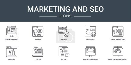 set of 10 outline web marketing and seo icons such as online payment, rating, backup, unsecure, video marketing, ranking, laptop vector icons for report, presentation, diagram, web design, mobile