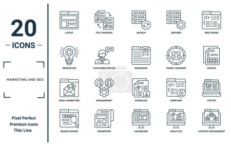 marketing and seo linear icon set. includes thin line layout, innovation, email marketing, search engine, content management, bookmark, laptop icons for report, presentation, diagram, web design