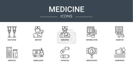 Téléchargez les illustrations : Jeu de 10 icônes de médecine web telles que béquilles, dentiste, chirurgien, défibrillateur, diabète, ampoule, icônes vectorielles d'ambulance pour rapport, présentation, diagramme, conception web, application mobile - en licence libre de droit