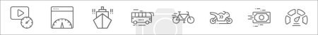 outline set of speed related line icons. linear vector icons such as video, website, ship, bus, bicylce, motor bike, payment, speedometer