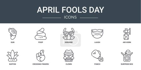 set of 10 outline web april fools day icons such as gun, poop, disguise, laugh, air horn, buffon, crossing fingers vector icons for report, presentation, diagram, web design, mobile app