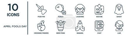 Illustration for April fools day outline icon set such as thin line push pin, laughing, ghost, beer pong, chat, liar, crossing fingers icons for report, presentation, diagram, web design - Royalty Free Image