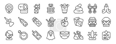 set of 24 outline web april fools day icons such as alien, toilet paper, air horn, denture, beer pong, poop, glasses vector icons for report, presentation, diagram, web design, mobile app