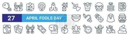 set of 27 outline web april fools day icons such as punch, disguise, kick me, beer pong, knife, cards, buffon, poop vector thin line icons for web design, mobile app.