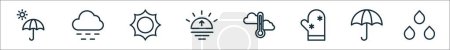 aperçu ensemble d'icônes de la ligne météo. icônes vectorielles linéaires telles que parapluie, brume, soleil, lever de soleil, frais, gant d'hiver, parapluie, goutte
