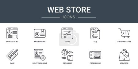 set of 10 outline web web store icons such as web account, membership, filter, faq, shopping cart, sale, delete account vector icons for report, presentation, diagram, design, mobile app