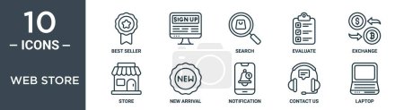 Web Store Outline Icon Set enthält dünne Linie Bestseller,, suchen, bewerten, tauschen, speichern, neue Ankunft Symbole für Bericht, Präsentation, Diagramm, Web-Design