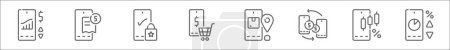 esquema conjunto de iconos de línea de aplicación móvil. iconos de vectores lineales como el comercio, pago móvil, seguridad móvil, tienda en línea, envío, transferencia, comercio, comercio