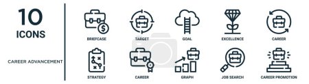 career advancement outline icon set such as thin line briefcase, goal, career, career, job search, promotion, strategy icons for report, presentation, diagram, web design