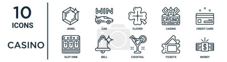 conjunto de iconos de esquema de casino como joyas de línea fina, trébol, tarjeta de crédito, campana, boletos, dinero, ranura hine iconos para el informe, presentación, diagrama, diseño web