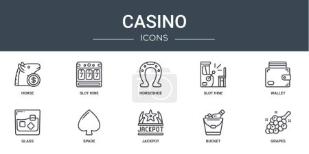 set of 10 outline web casino icons such as horse, slot hine, horseshoe, slot hine, wallet, glass, spade vector icons for report, presentation, diagram, web design, mobile app