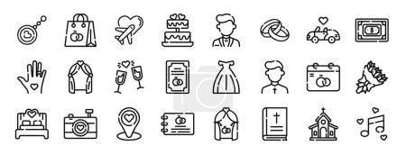Satz von 24 Umrissen Web-Hochzeit Symbole wie Souvenirs, Geschenk, Flitterwochen, Hochzeit, Bräutigam, Hochzeit, Vektor-Symbole für Bericht, Präsentation, Diagramm, Web-Design, mobile App